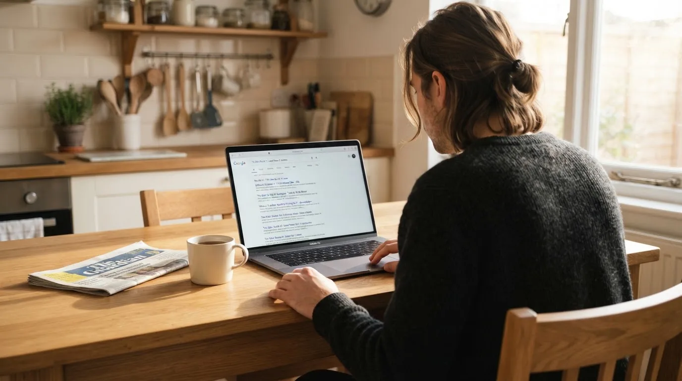 A person sits at a kitchen table, scrolling a laptop showing a general search results page about the Plinko game.