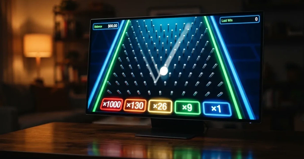 A close-up of a Plinko-style game board with pegs and multiplier slots shown on a monitor.