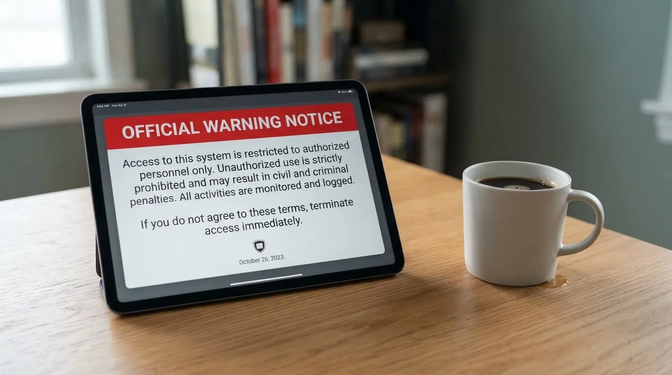 A tablet on a desk displays a plain government-style warning notice page, with a coffee cup beside it.
