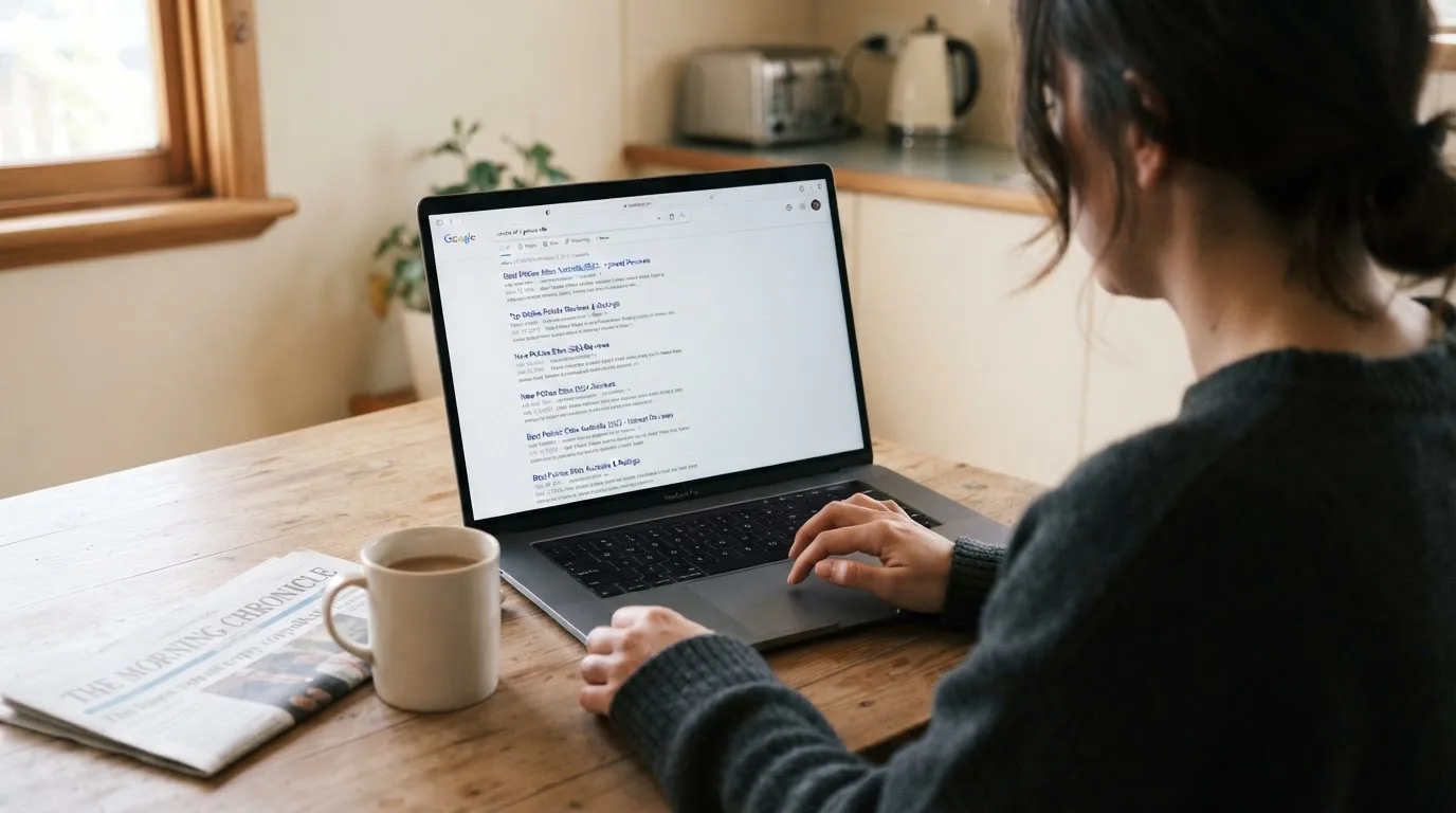 A person sits at a kitchen table, scrolling a laptop showing a general search results page about a review of a pokies site.