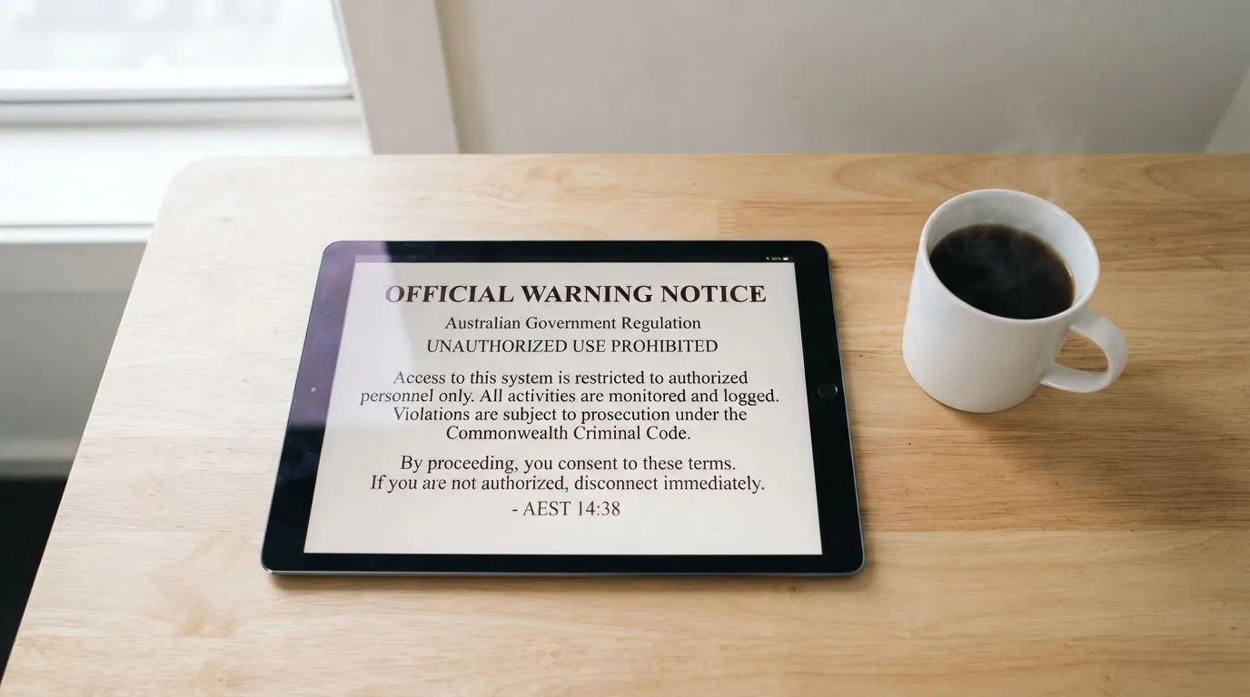 A tablet on a desk displays a plain government-style warning notice page, with a coffee cup beside it.