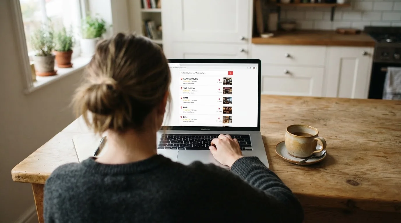 A person sits at a kitchen table, scrolling a laptop showing a general search results page about nearby venues.