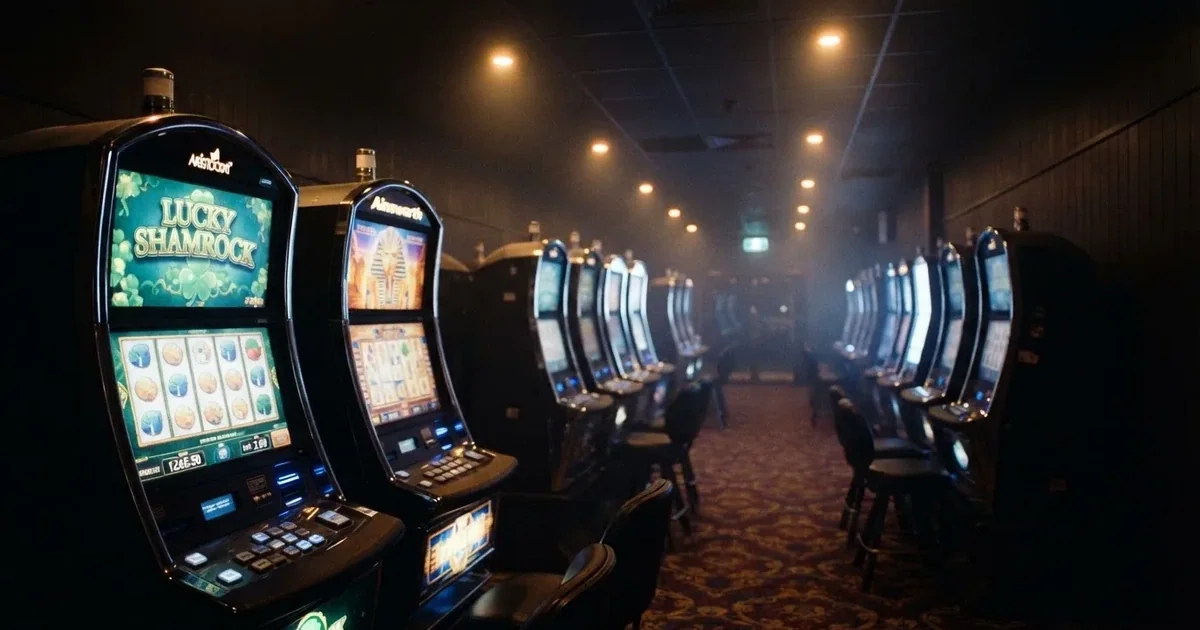 The interior of an Australian pub gaming room with rows of poker machines under dim lighting, no patrons visible.