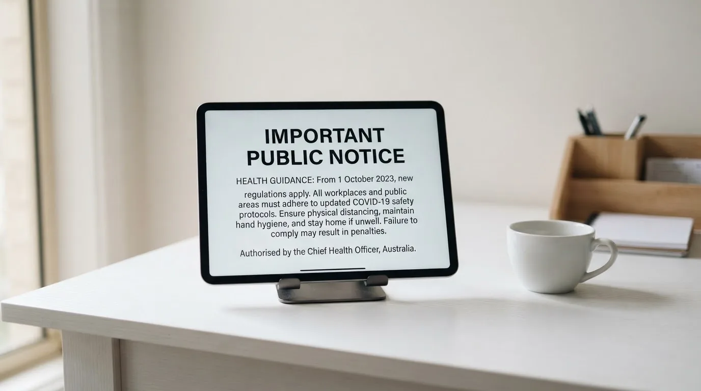 A tablet on a desk displays a plain government-style warning notice page, with a coffee cup beside it.