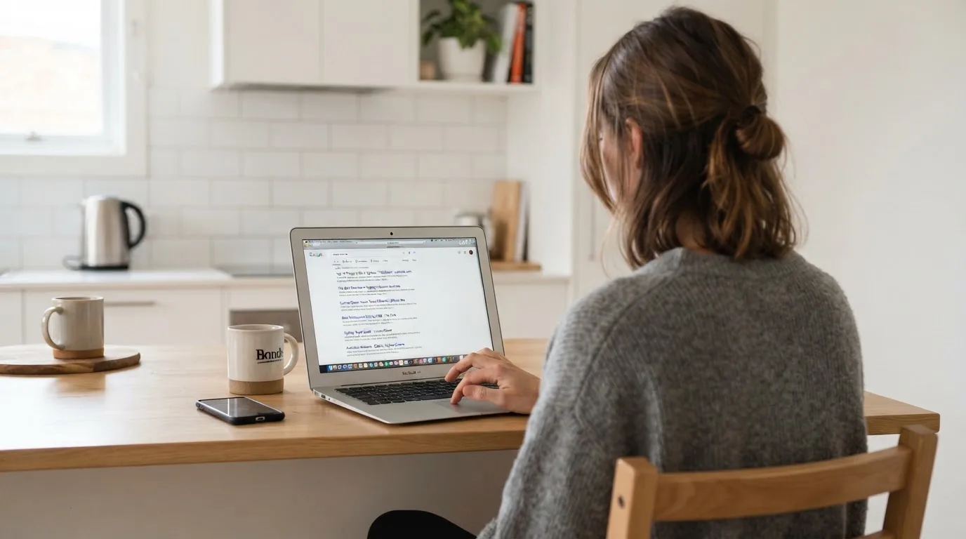 A person sits at a kitchen table, scrolling a laptop showing a general search results page about a review of a pokies site.
