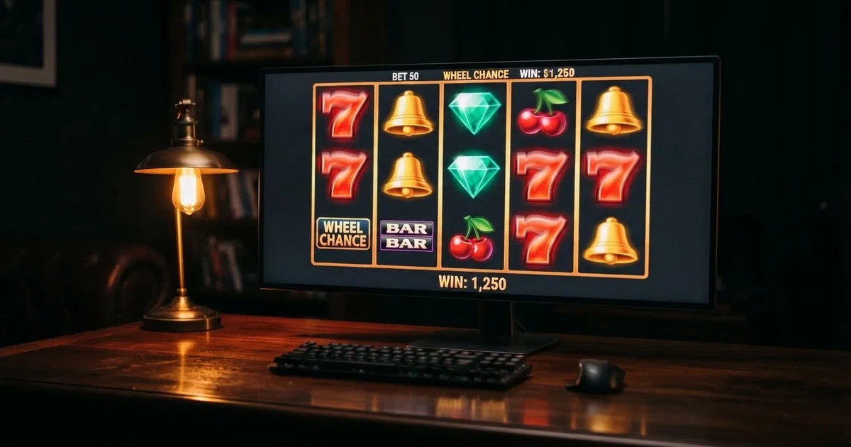 A close-up of a slot reel display shown on a monitor, no other windows open.