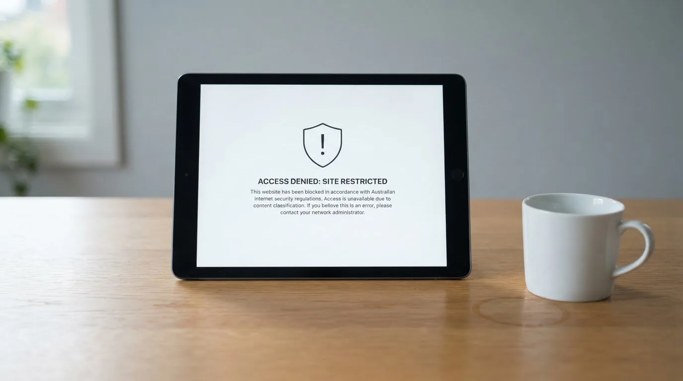 A tablet on a desk displays a plain government-style warning notice page, with a coffee cup beside it.