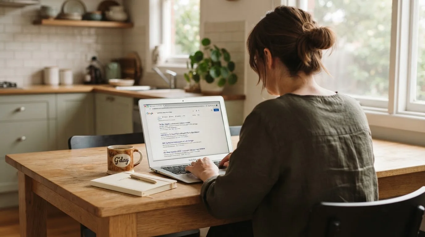 A person sits at a kitchen table, scrolling a laptop showing a general search results page about pokies strategy articles.