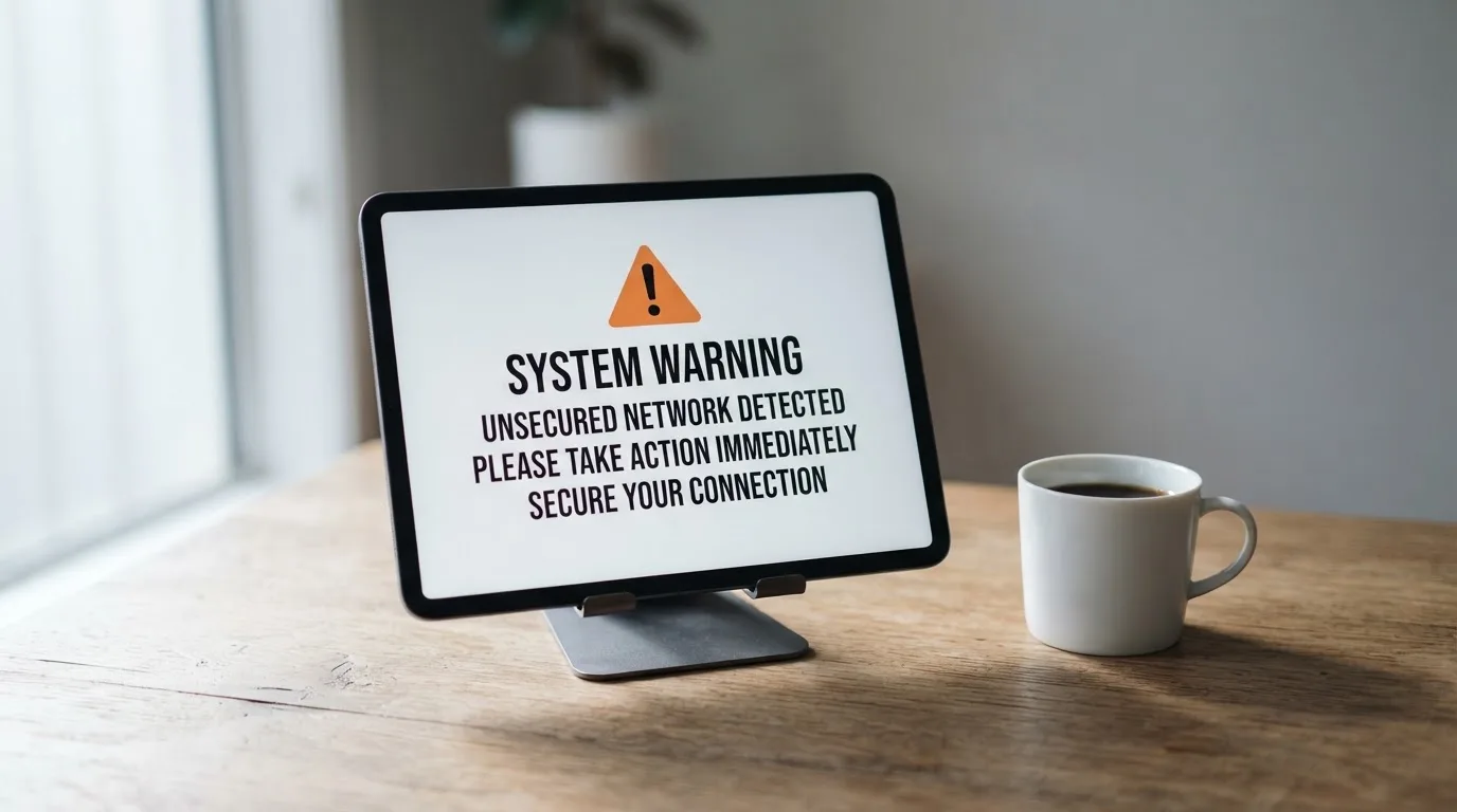 A tablet on a desk displays a plain government-style warning notice page, with a coffee cup beside it.