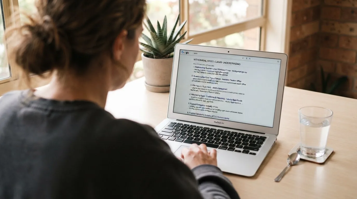 A person sits at a kitchen table, scrolling a laptop showing a general search results page about withdrawal speed claims.