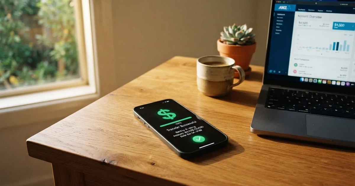 Close-up of a smartphone banking app open beside a laptop on a home desk, mid-transfer.