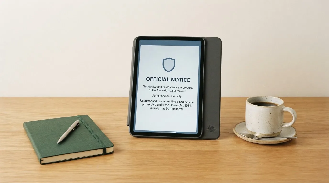 A tablet on a desk displays a plain government-style warning notice page, with a coffee cup beside it.