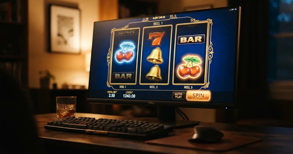 A close-up of a slot reel display shown on a monitor, no other windows open.