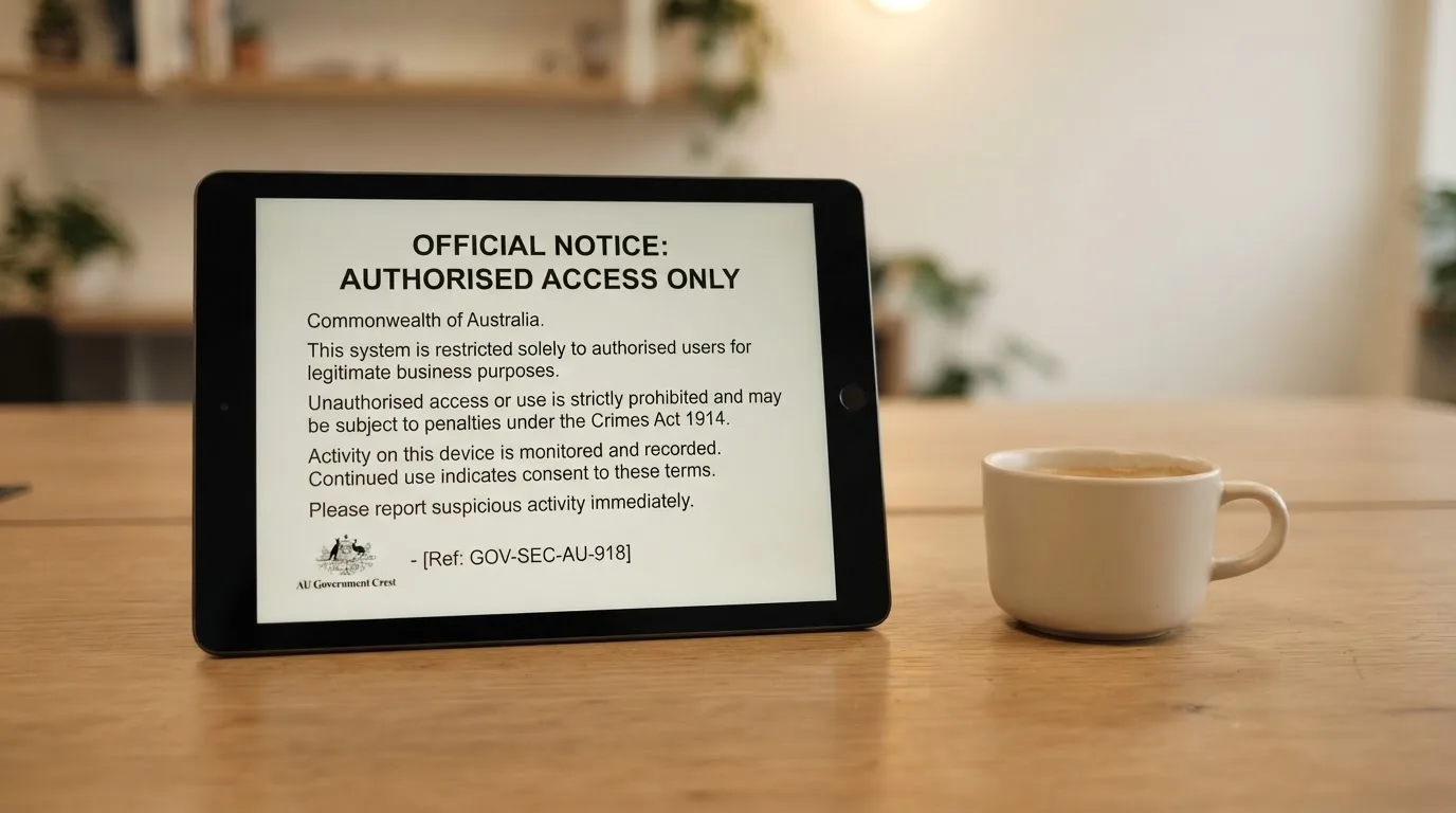 A tablet on a desk displays a plain government-style warning notice page, with a coffee cup beside it.