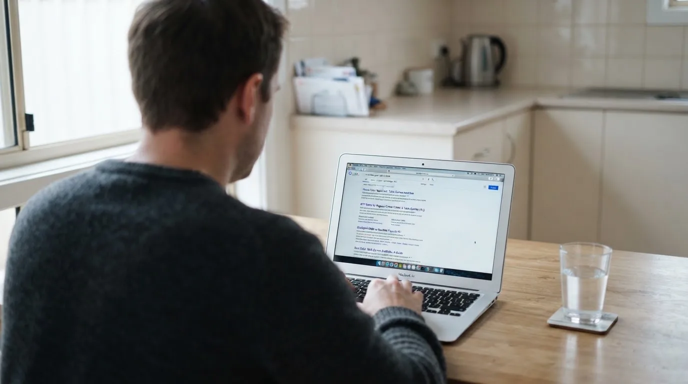 A person sits at a kitchen table, scrolling a laptop showing a general search results page about table game odds.