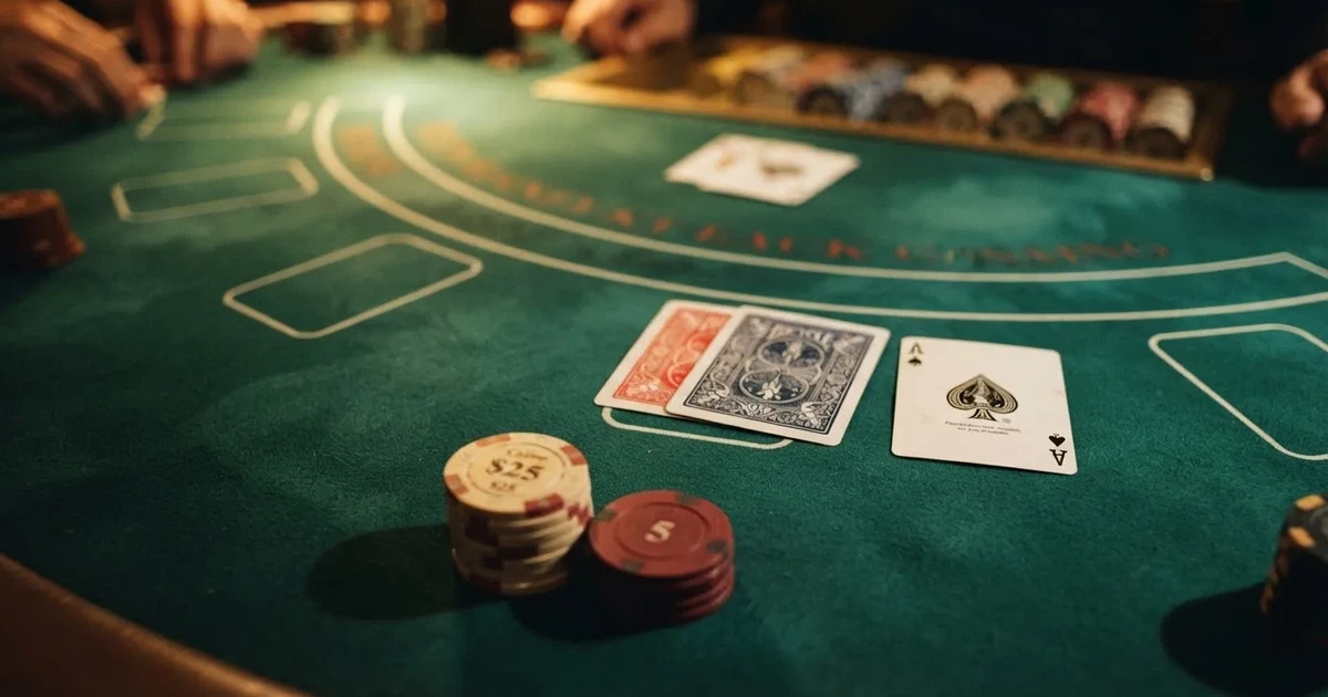 A close-up of a blackjack table felt with cards and chips laid out, no dealer or players visible.