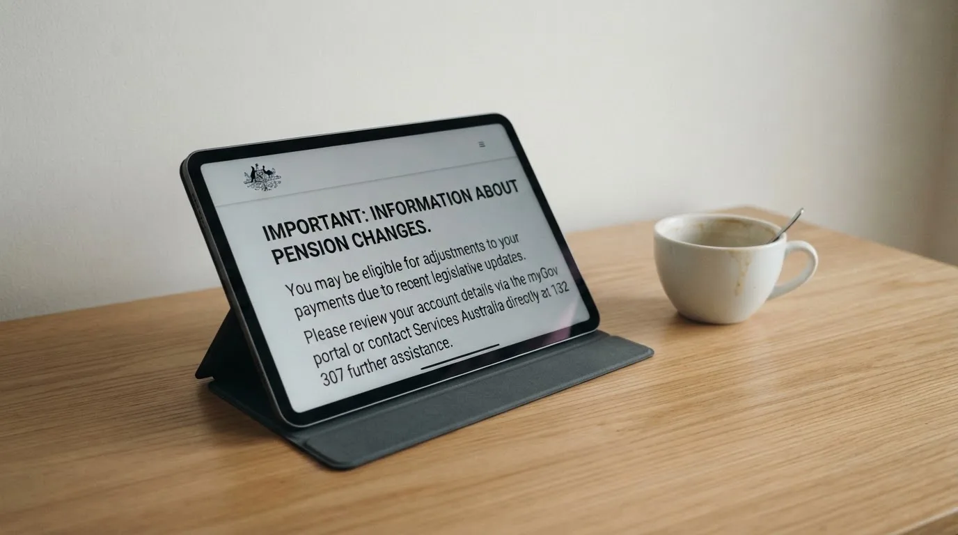 A tablet on a desk displays a plain government-style warning notice page, with a coffee cup beside it.