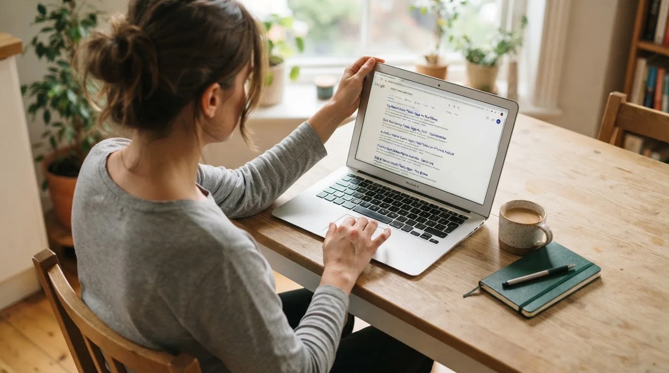 A person sits at a kitchen table, scrolling a laptop showing a general search results page about pokies apps.