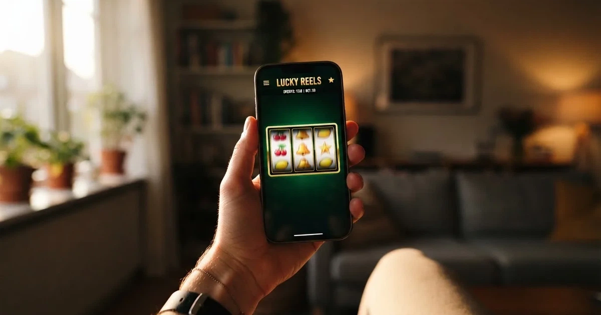 A hand holds a smartphone with an app icon grid visible on the home screen, thumb hovering over the display.