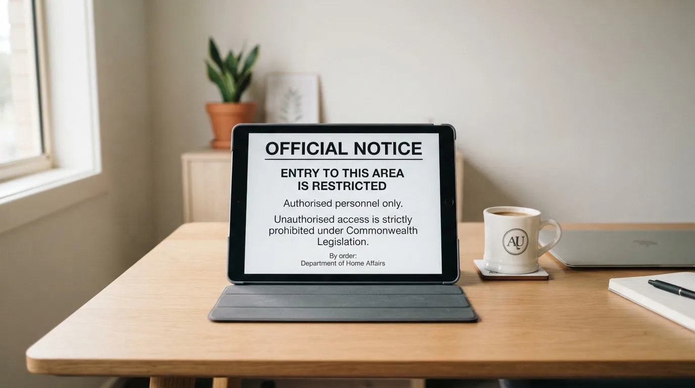 A tablet on a desk displays a plain government-style warning notice page, with a coffee cup beside it.