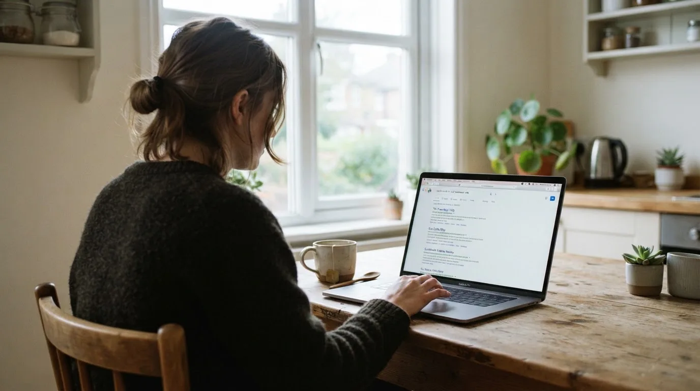 A person sits at a kitchen table, scrolling a laptop showing a general search results page about pokies apps.