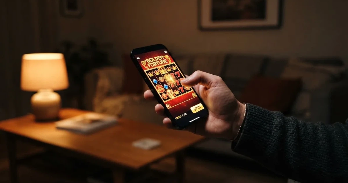 A hand holds a smartphone with an app icon grid visible on the home screen, thumb hovering over the display.