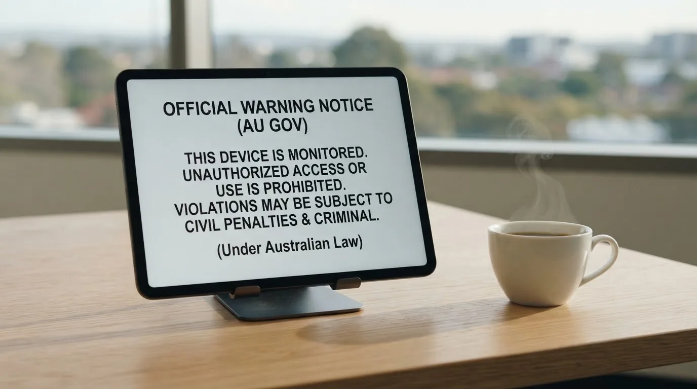 A tablet on a desk displays a plain government-style warning notice page, with a coffee cup beside it.