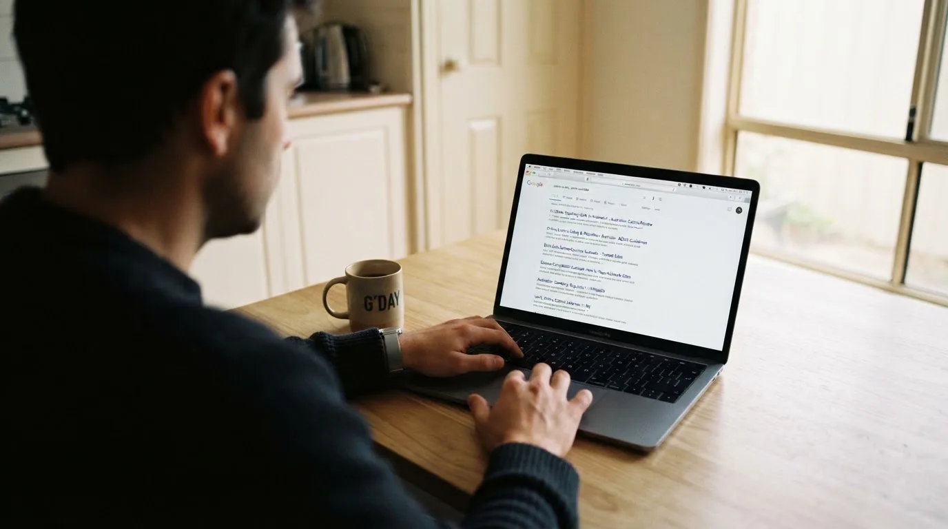 A person sits at a kitchen table, scrolling a laptop showing a general search results page about casino safety claims.