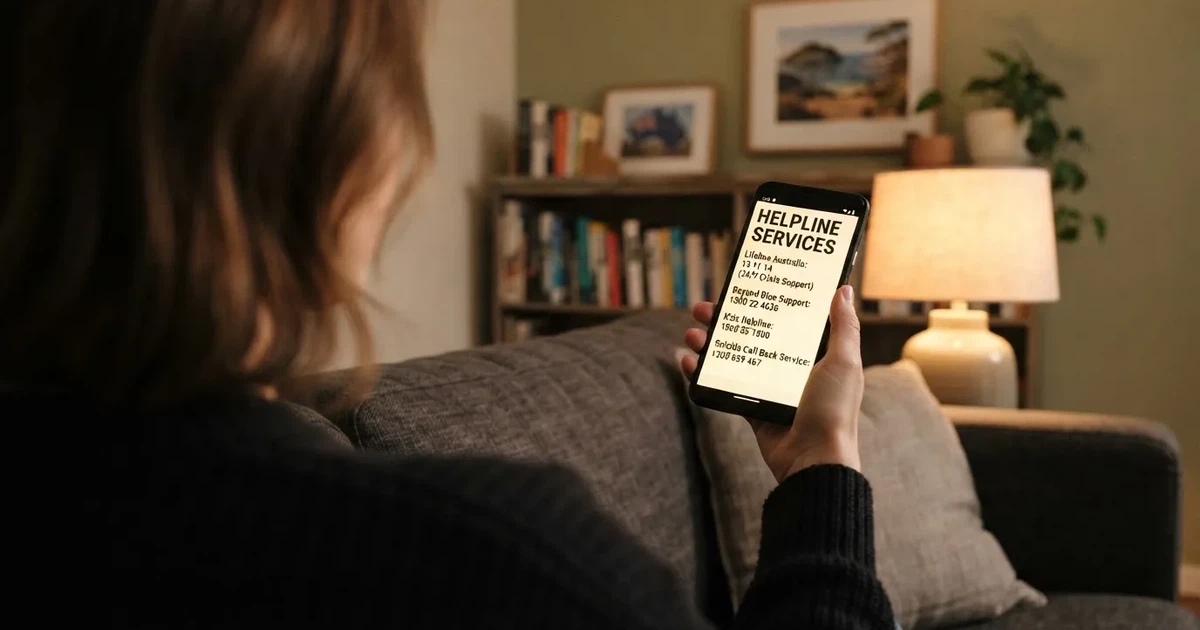 A person looks at a support-helpline page on a phone while sitting alone on a sofa.