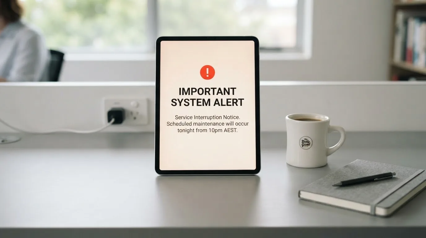 A tablet on a desk displays a plain government-style warning notice page, with a coffee cup beside it.