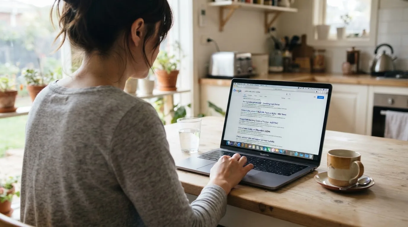 A person sits at a kitchen table, scrolling a laptop showing a general search results page about pokies safety claims.