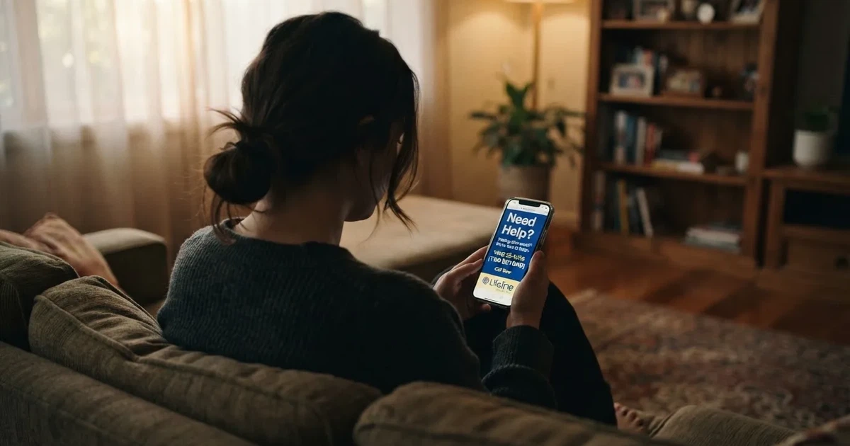 A person looks at a support-helpline page on a phone while sitting alone on a sofa.
