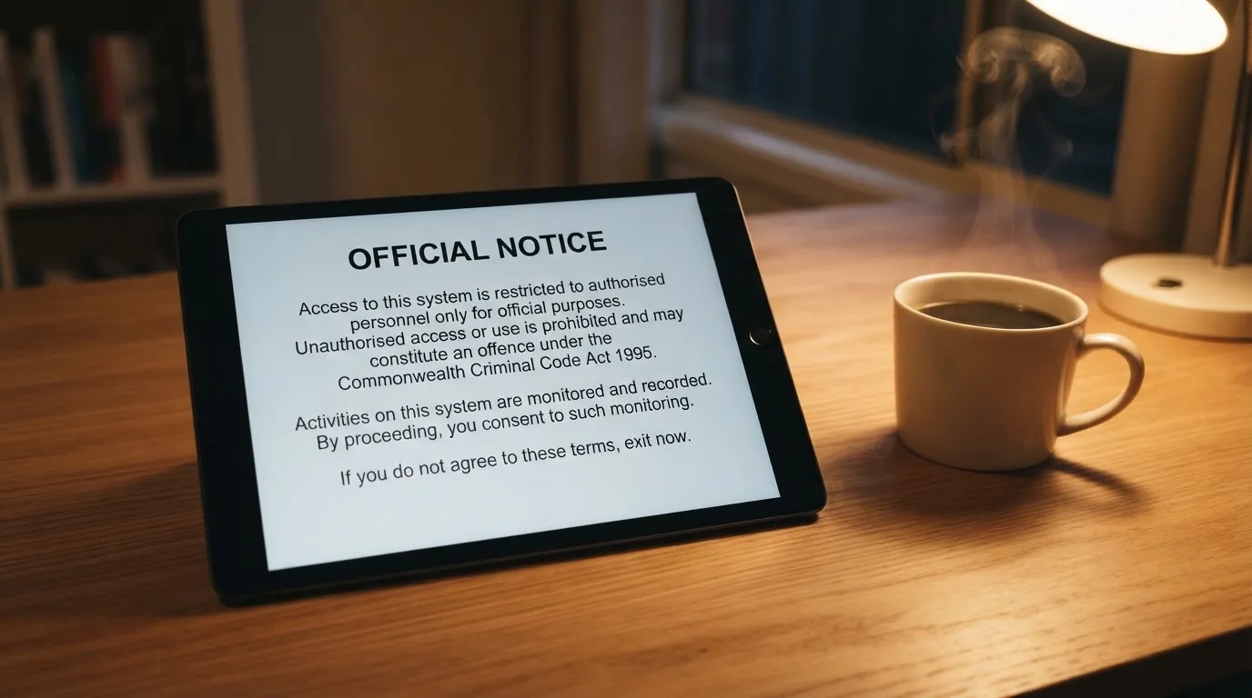 A tablet on a desk displays a plain government-style warning notice page, with a coffee cup beside it.