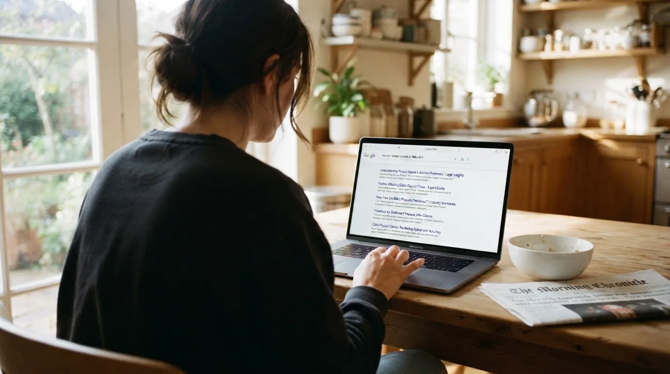 A person sits at a kitchen table, scrolling a laptop showing a general search results page about payout speed claims.