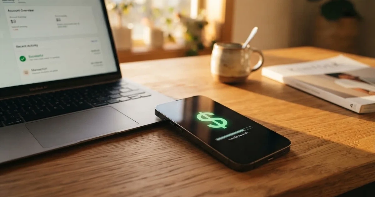 Close-up of a smartphone banking app open beside a laptop on a home desk, mid-transfer.
