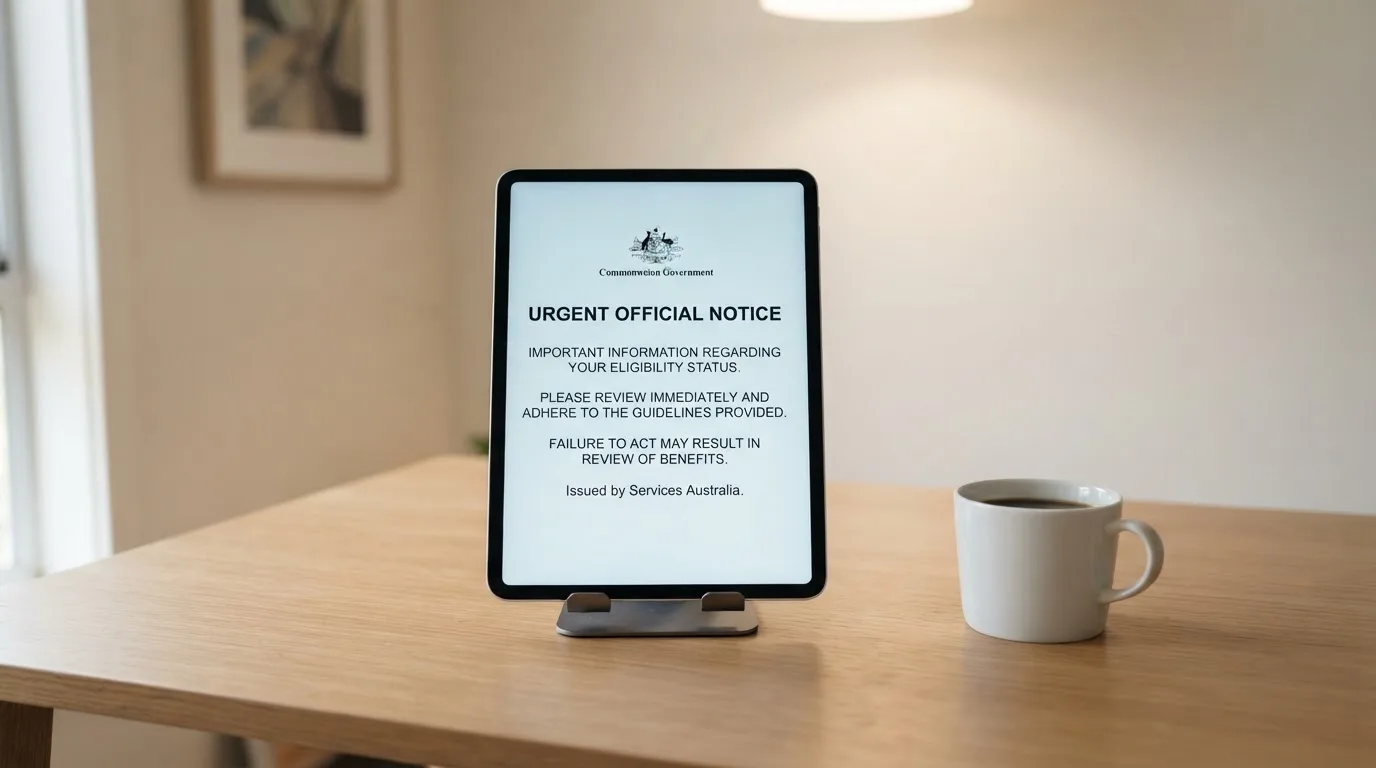 A tablet on a desk displays a plain government-style warning notice page, with a coffee cup beside it.