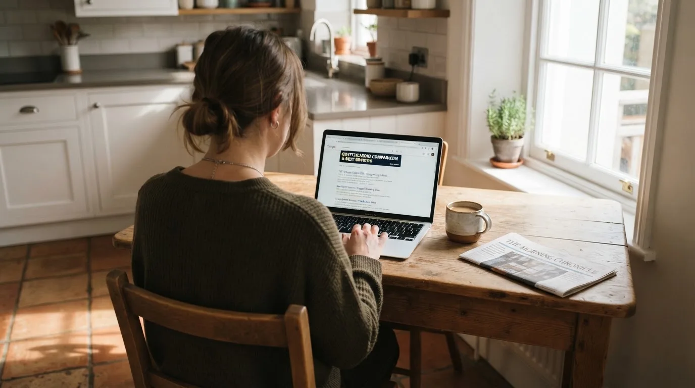 A person sits at a kitchen table, scrolling a laptop showing a general search results page about crypto casino comparisons.