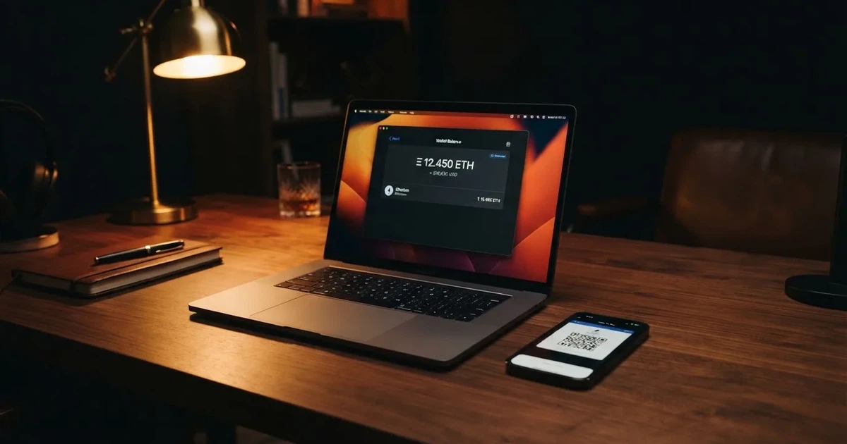 A laptop screen shows a cryptocurrency wallet balance next to a phone displaying a QR code, on a desk at night.