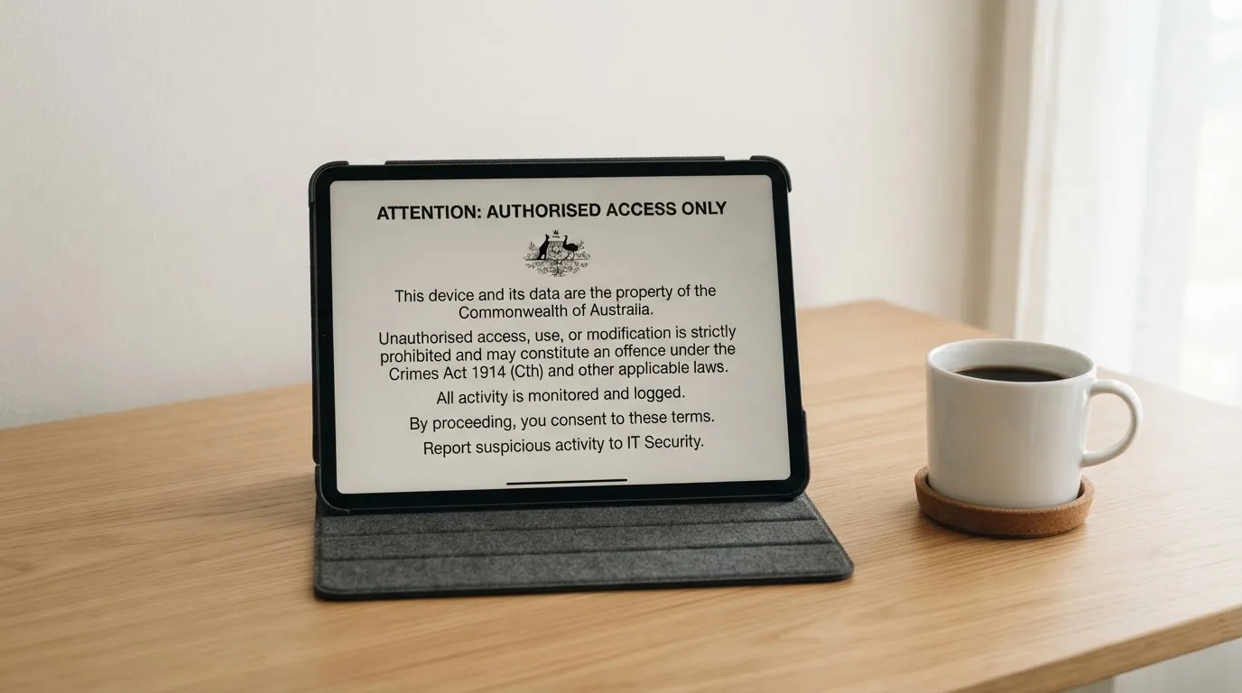 A tablet on a desk displays a plain government-style warning notice page, with a coffee cup beside it.