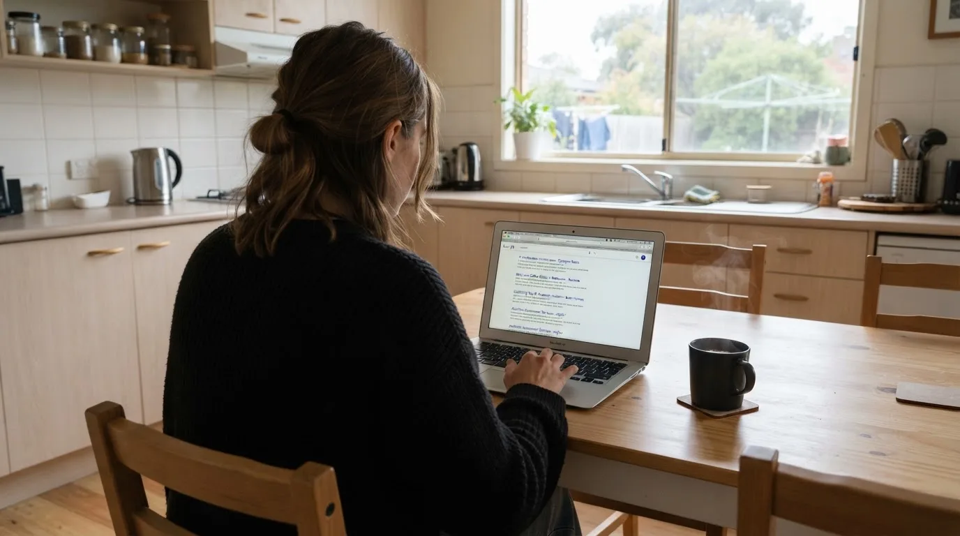 A person sits at a kitchen table, scrolling a laptop showing a general search results page about casino rankings.