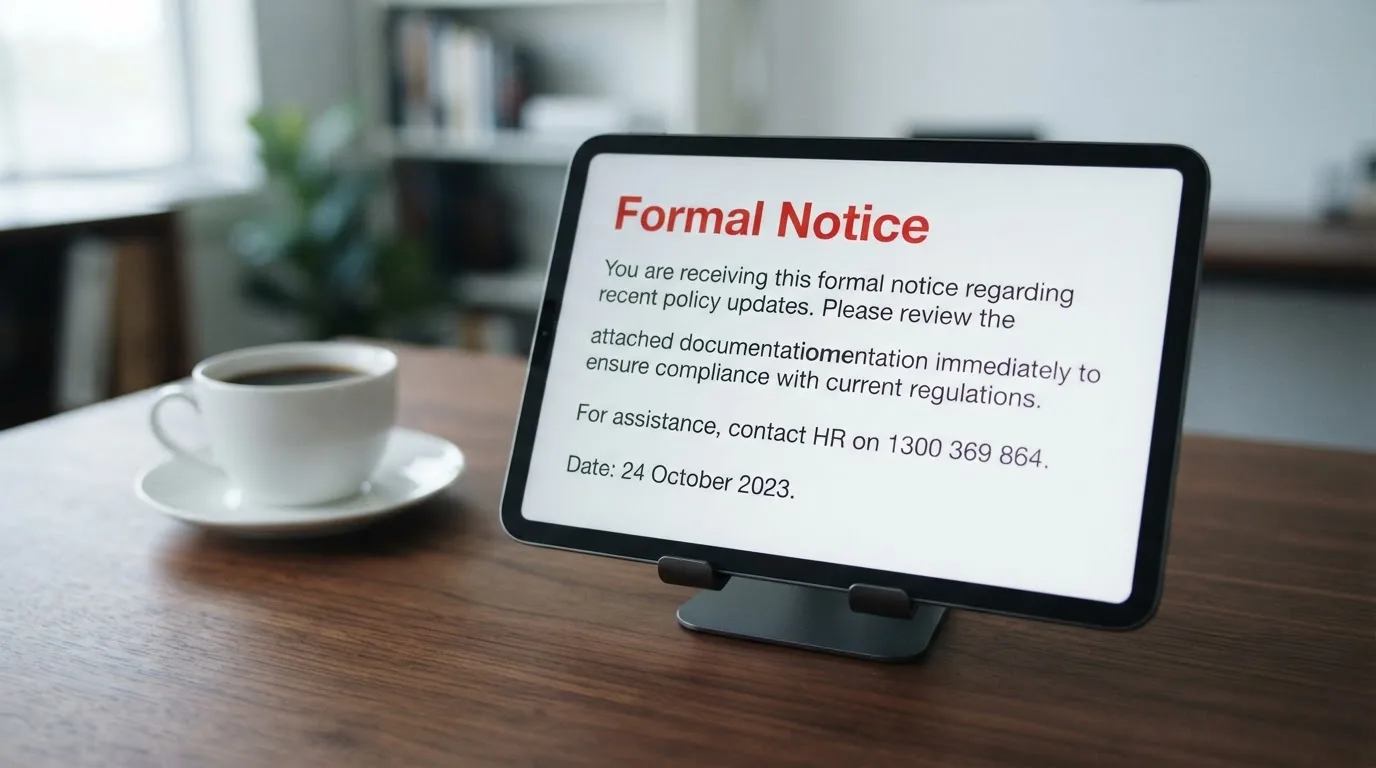 A tablet on a desk displays a plain government-style warning notice page, with a coffee cup beside it.