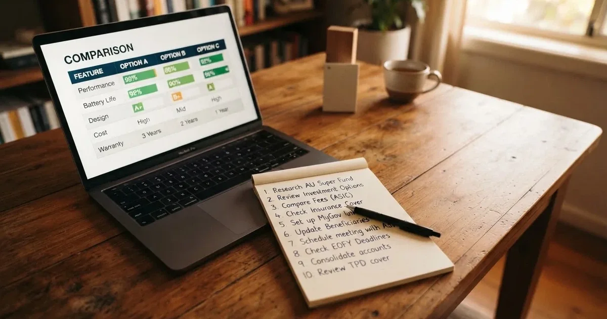 A notepad with a handwritten numbered list sits next to an open laptop showing a comparison table.
