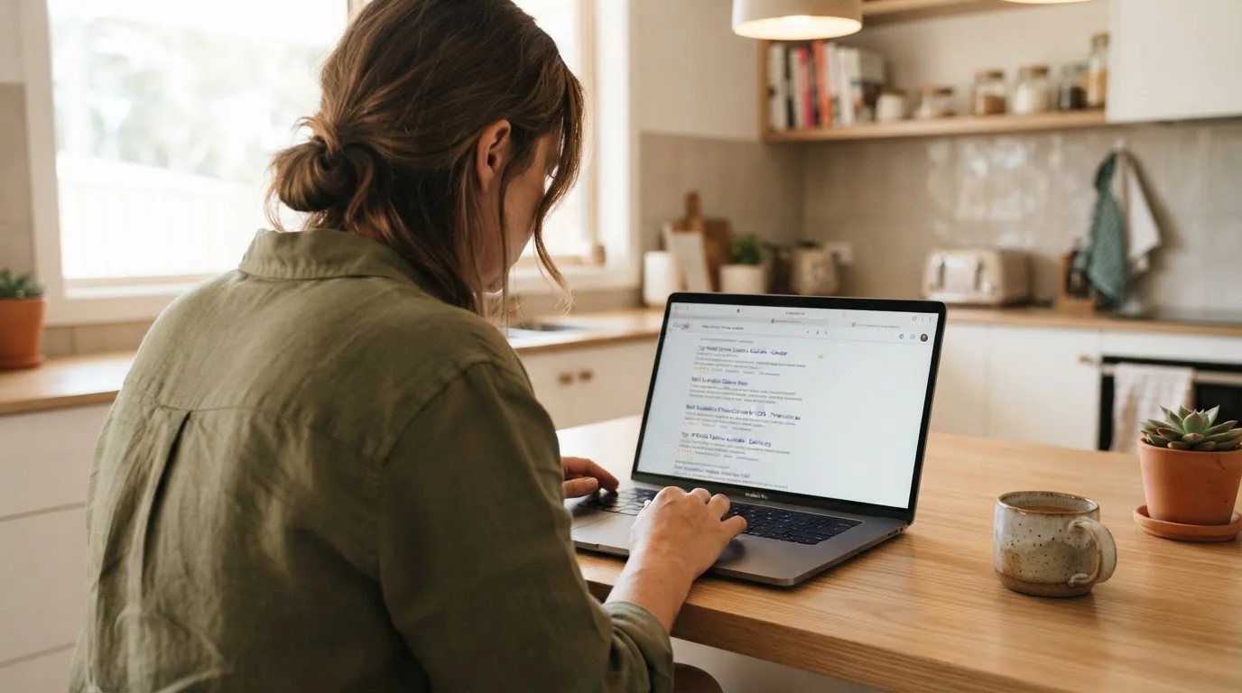 A person sits at a kitchen table, scrolling a laptop showing a general search results page about casino ratings.