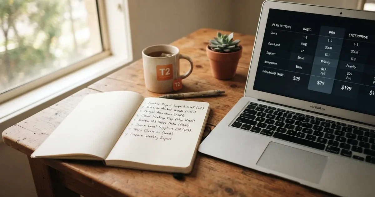 A notepad with a handwritten numbered list sits next to an open laptop showing a comparison table.
