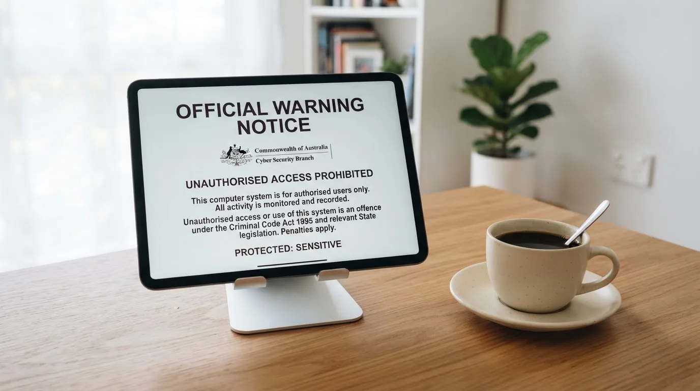 A tablet on a desk displays a plain government-style warning notice page, with a coffee cup beside it.