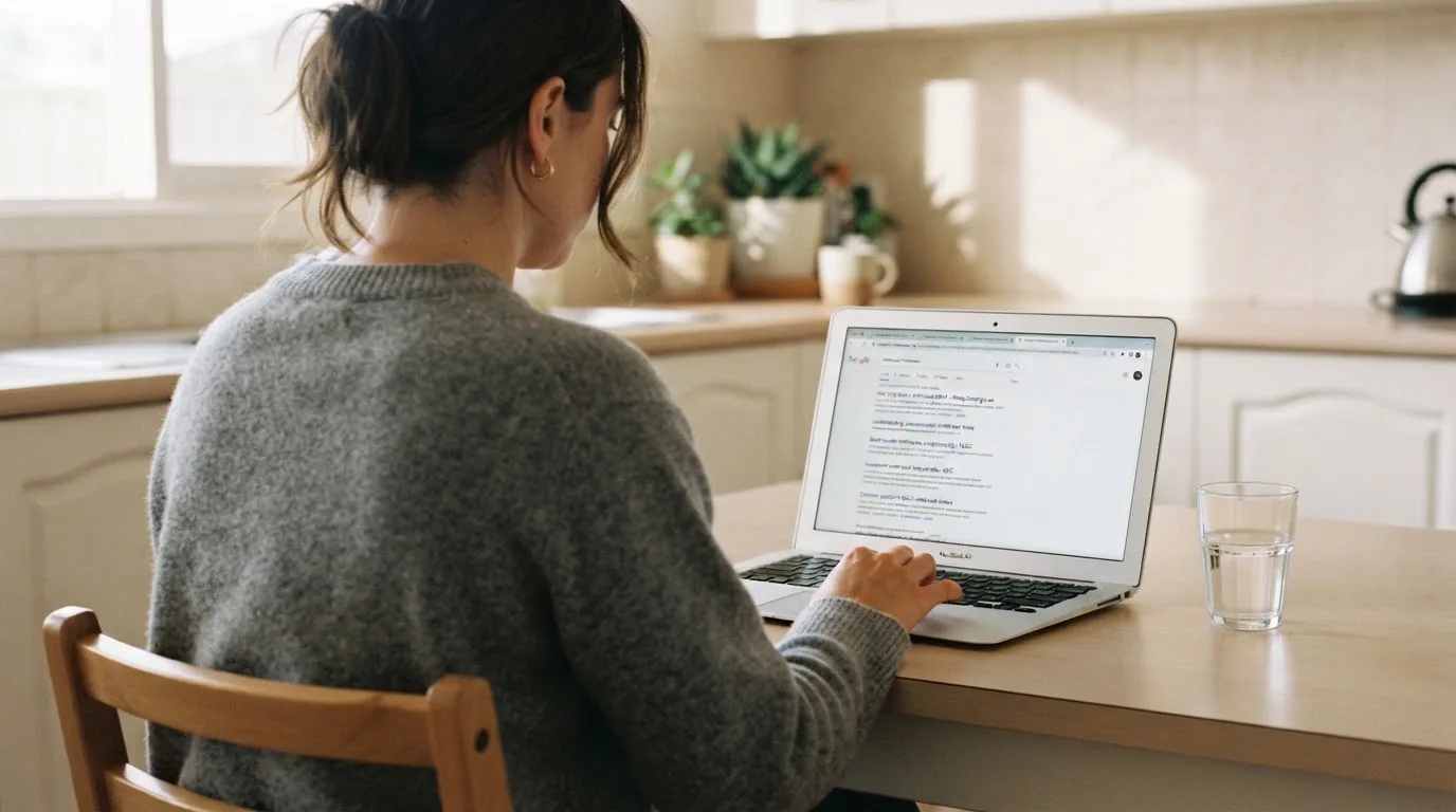 A person sits at a kitchen table, scrolling a laptop showing a general search results page about withdrawal timeframes.