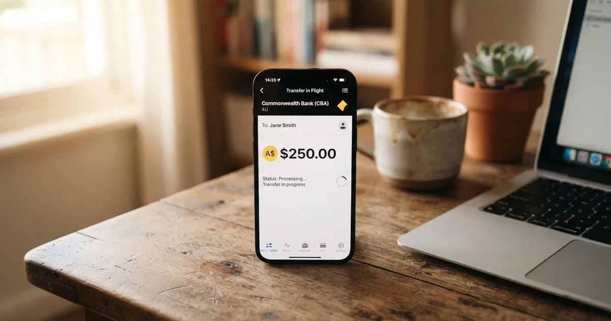 Close-up of a smartphone banking app open beside a laptop on a home desk, mid-transfer.