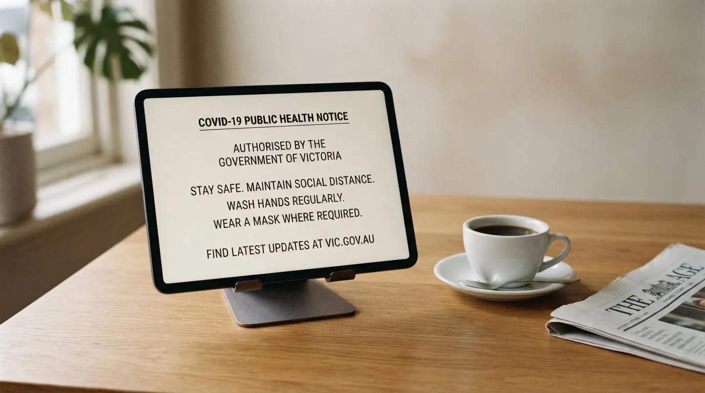A tablet on a desk displays a plain government-style warning notice page, with a coffee cup beside it.