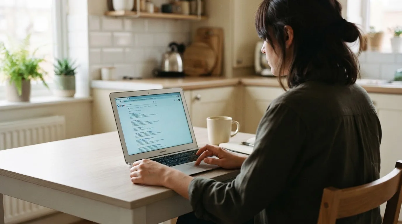A person sits at a kitchen table, scrolling a laptop showing a general search results page about a review of a pokies site.