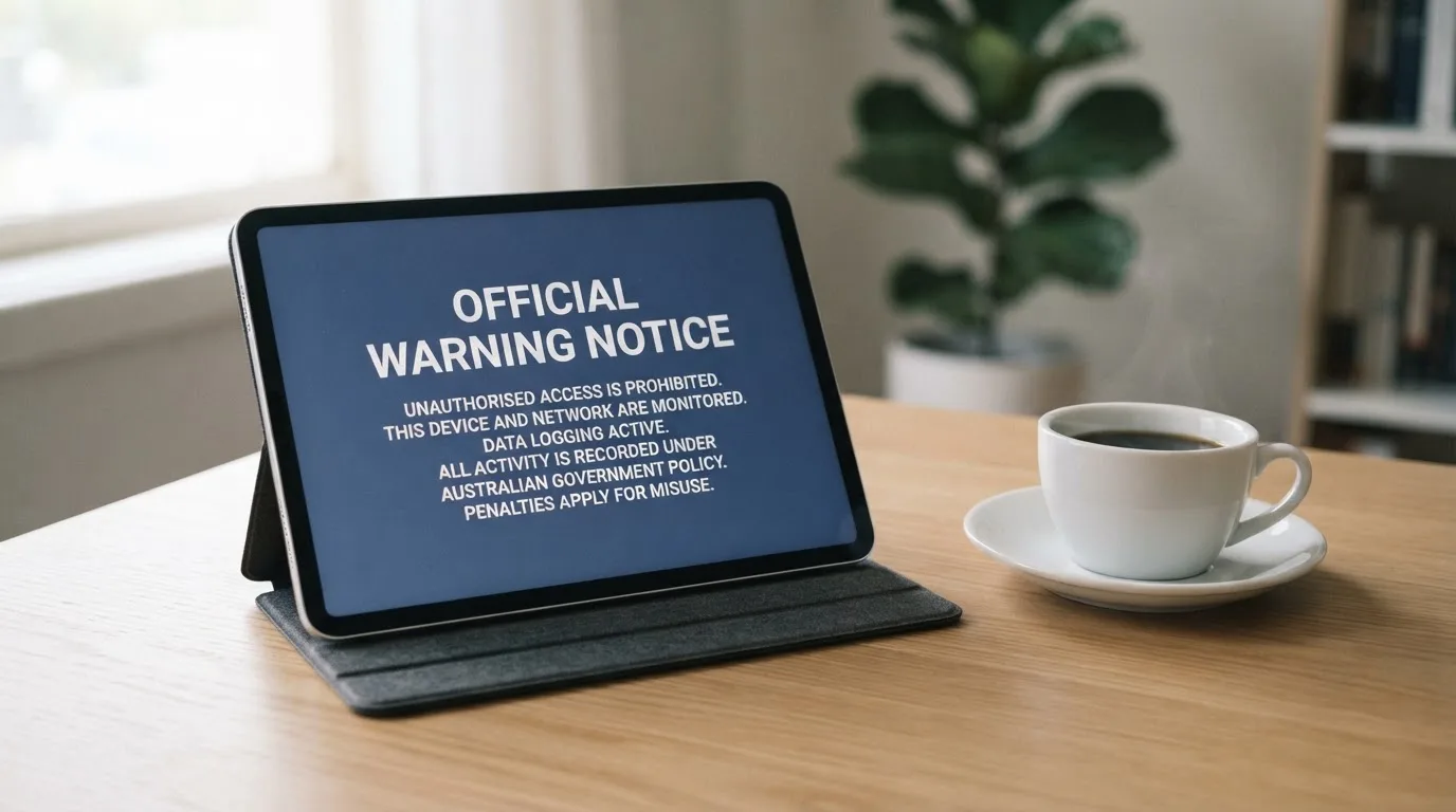 A tablet on a desk displays a plain government-style warning notice page, with a coffee cup beside it.